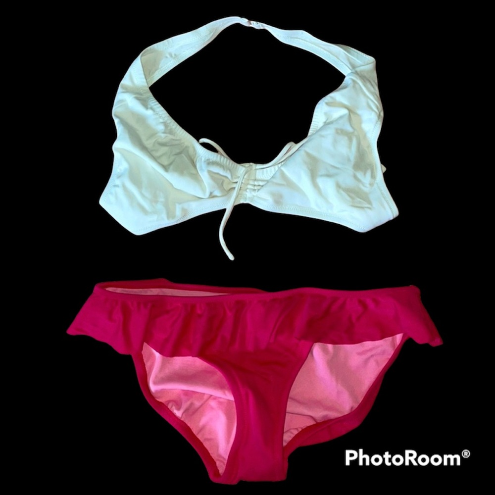 💖 J. Crew White & Dark Pink Ruffled Bikini 👙
